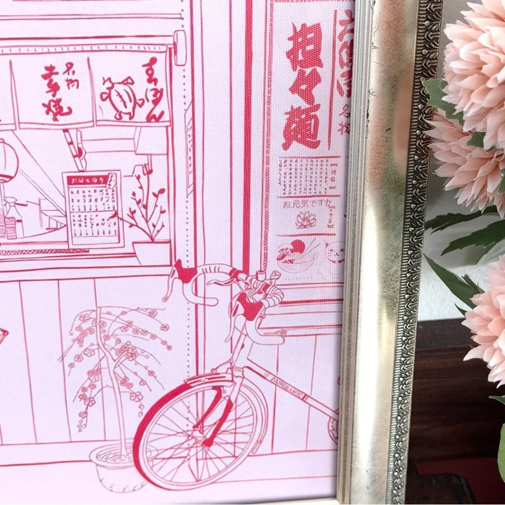 Japanese Kyoto City Bicycle Pink Drawing Canvas Art Print Silver Framed Art